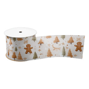 Christmas Gingerbread Men and Trees Satin Ribbon