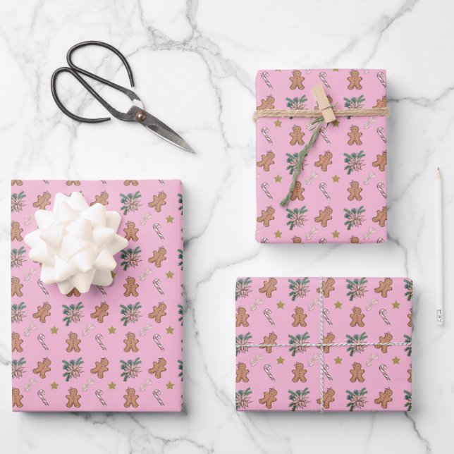 Christmas Gingerbread men, Bows and Candy canes Wrapping Paper Sheet (Front)