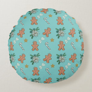 Christmas Gingerbread men, bows & candy canes Round Pillow