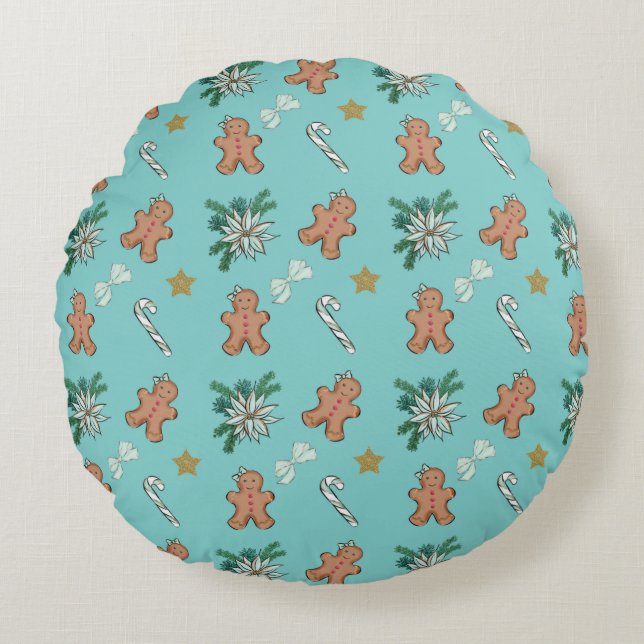 Christmas Gingerbread men, bows & candy canes Round Pillow (Front)