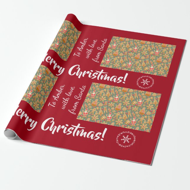 Christmas Gingerbread Men Santa Personalized Name Wrapping Paper (Unrolled)