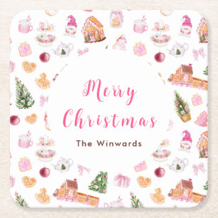 Christmas Gingerbread Pink Merry Christmas Square Paper Coaster
