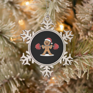 Christmas Gingerbread Weightlifting Gym Santa Hat Snowflake Pewter Christmas Ornament