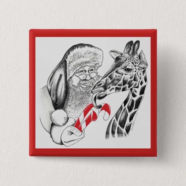 Christmas Giraffe and Santa Claus 2 Inch Square Button (Front)