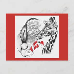 Christmas Giraffe and Santa Claus Holiday Postcard