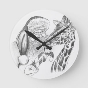 christmas giraffe and Santa Round Clock