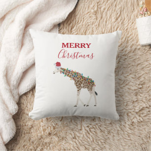 Christmas Giraffe Funny Animal with Santa Hat Card Throw Pillow