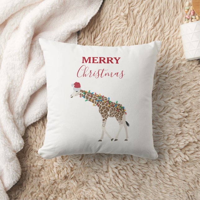 Christmas Giraffe Funny Animal with Santa Hat Card Throw Pillow (Blanket)