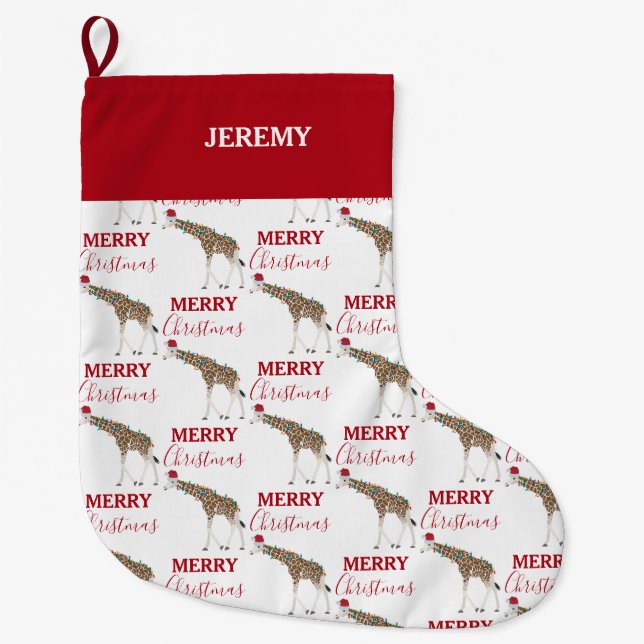 Christmas Giraffe Funny Animal with Santa Hat  Large Christmas Stocking (Front)