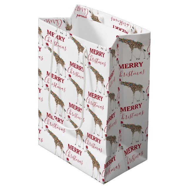 Christmas Giraffe Funny Animal with Santa Hat  Medium Gift Bag (Front Angled)