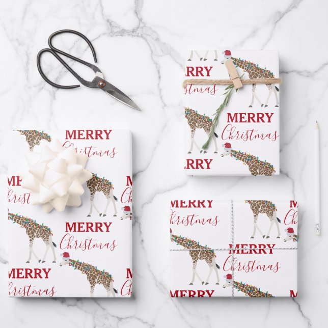 Christmas Giraffe Funny Animal with Santa Hat  Wrapping Paper Sheet (Front)