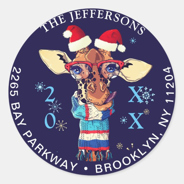 Christmas Giraffe Hat & Scarf Return Address Label (Front)