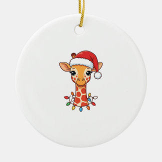 Christmas Giraffe Santa Hat and Colourful Lights Ceramic Ornament