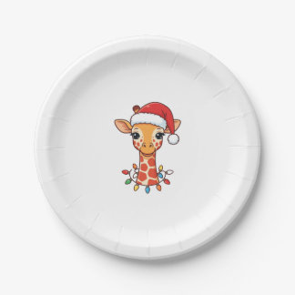 Christmas Giraffe Santa Hat and Colourful Lights Paper Plate