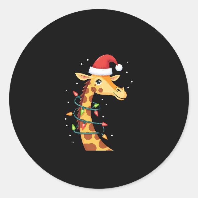Christmas Giraffe Santa Hat Lights Giraffe Men Wom Classic Round Sticker (Front)