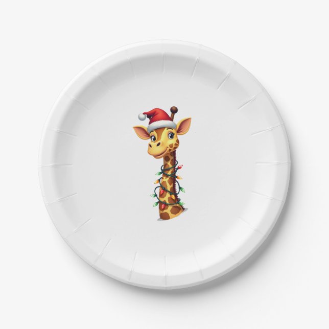 Christmas Giraffe Santa Hat Lights Giraffe Men Wom Paper Plate (Front)
