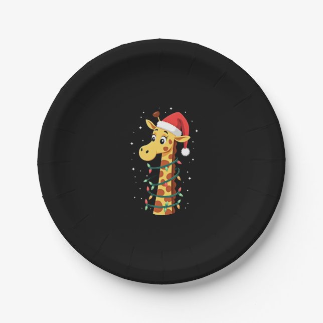 Christmas Giraffe Santa Hat Lights Giraffe Men Wom Paper Plate (Front)