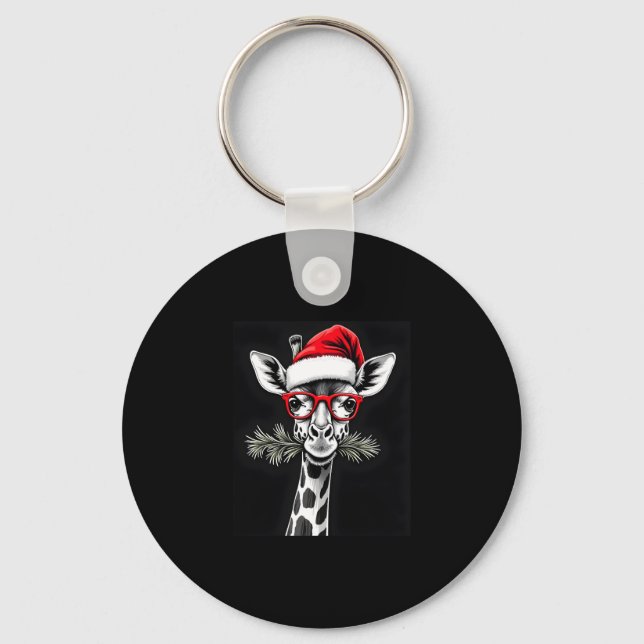 Christmas Giraffe Santa Hat Pajama Gift Family Mat Keychain (Front)