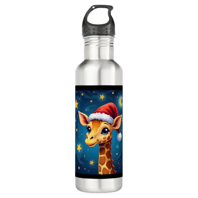 Christmas Giraffe Santa Hat Starry Night Holiday L 710 Ml Water Bottle (Front)