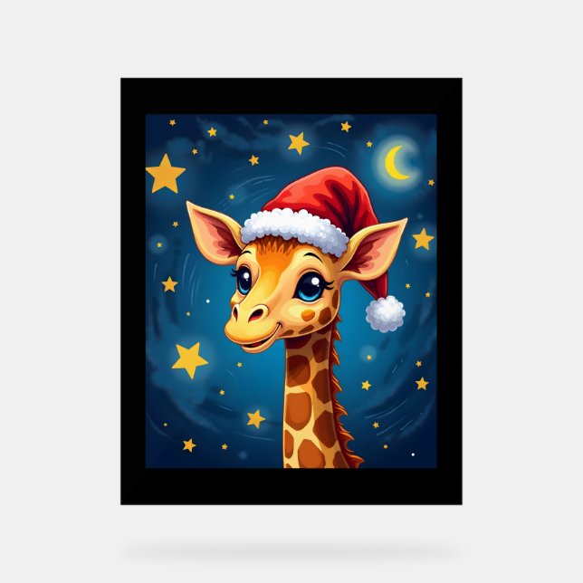 Christmas Giraffe Santa Hat Starry Night Holiday L Acrylic Sign (Front)