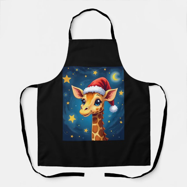 Christmas Giraffe Santa Hat Starry Night Holiday L Apron (Front)