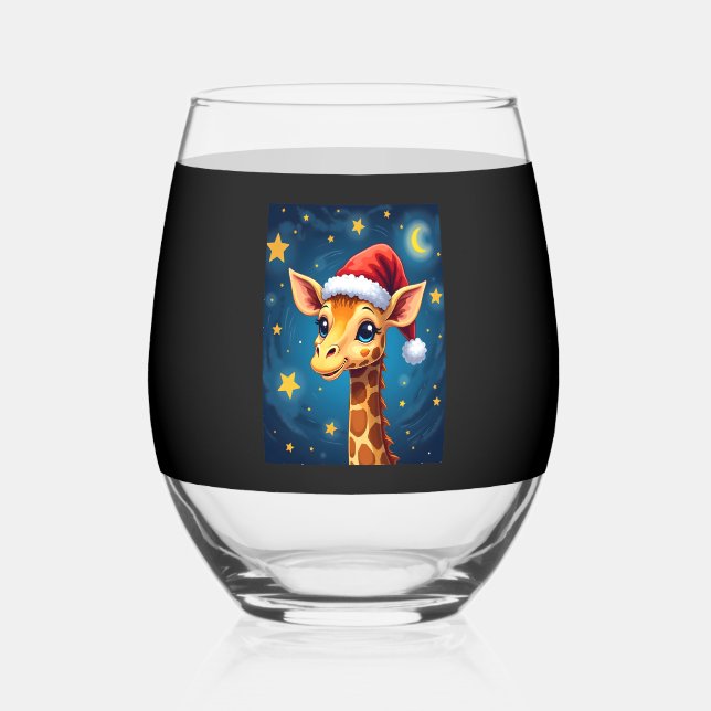 Christmas Giraffe Santa Hat Starry Night Holiday L Stemless Wine Glass (Front)