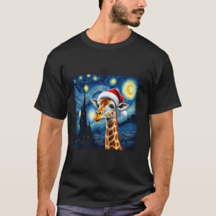 Christmas Giraffe Santa Hat Van Gogh Starry Night T-Shirt