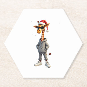Christmas Giraffe Santa Long Sleeve T-Shirt (2) Paper Coaster