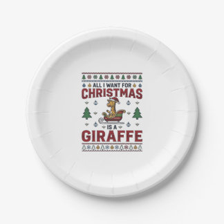 Christmas Giraffe Sleigh Funny Holiday T-Shirt Des Paper Plate