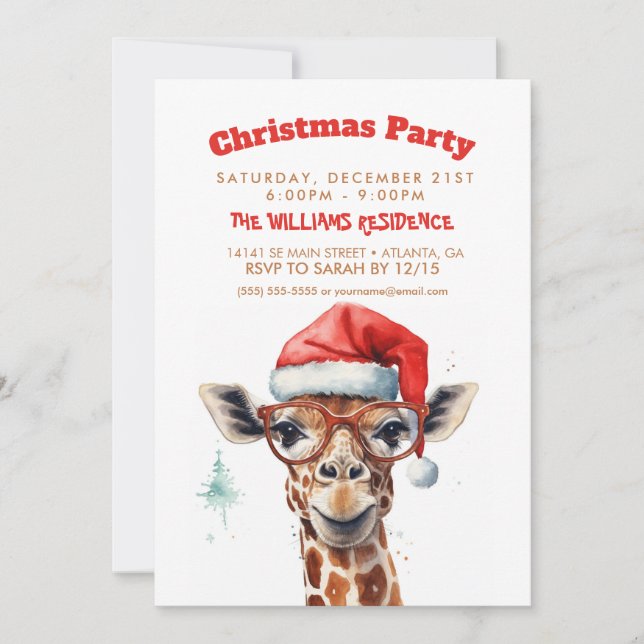 Christmas Giraffe Watercolor Invitation (Front)
