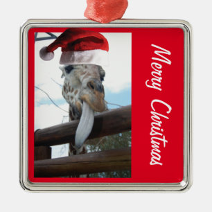 Christmas Giraffe wearing a Santa Claus Hat Metal Ornament