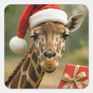 Christmas Giraffe With Holiday Gift Square Sticker