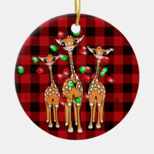 Christmas giraffes buffalo plaid   ceramic ornament