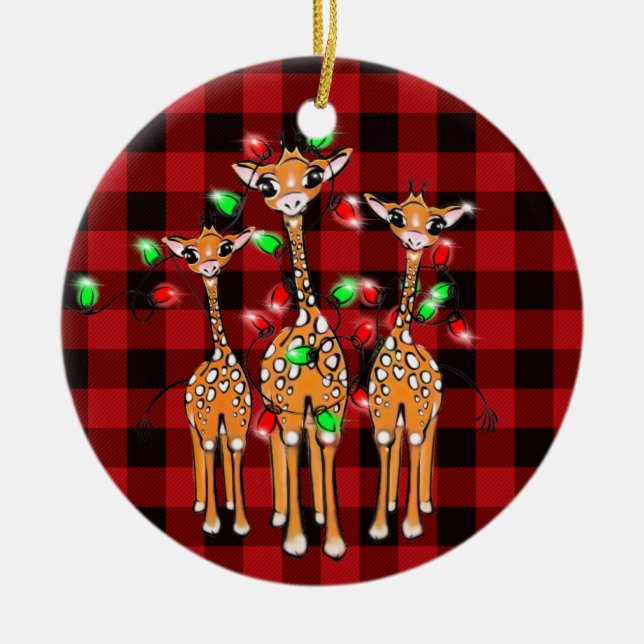 Christmas giraffes buffalo plaid   ceramic ornament (Front)