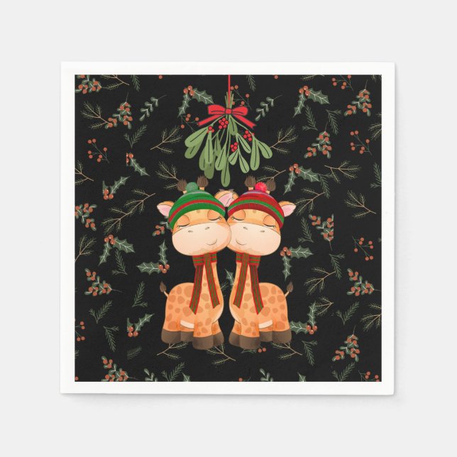 CHRISTMAS GIRAFFES KISSING UNDER MISTLETOE PAPER NAPKIN (Front)