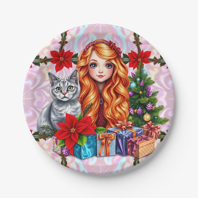 CHRISTMAS GIRL AND CAT ~ Pretty  Paper Plate (Front)