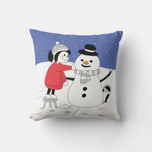 Christmas Girl and Snowman Cushion (Front)