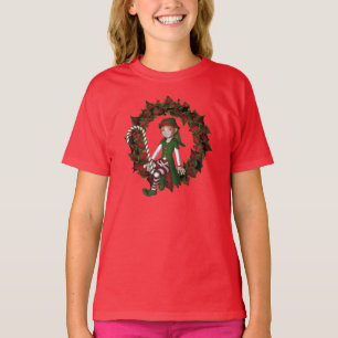 Christmas Girl Elf On Wreath Cute Holiday T-Shirt