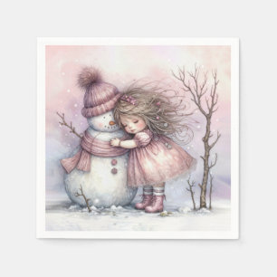 Christmas Girl Hugging a Snowman Napkin