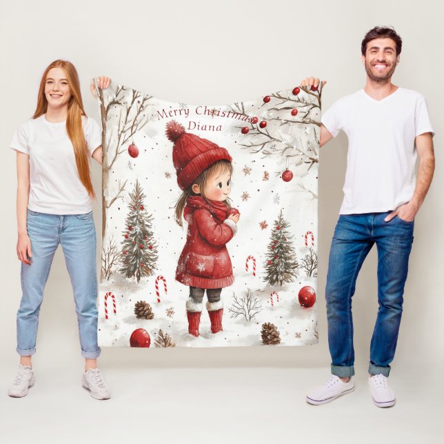 Christmas Girl Red Coat Christmas Trees Candy Cane Fleece Blanket (In Situ)
