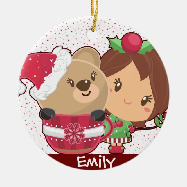 Christmas Girl & Teddy Bear Holiday Personalized Ceramic Ornament (Front)