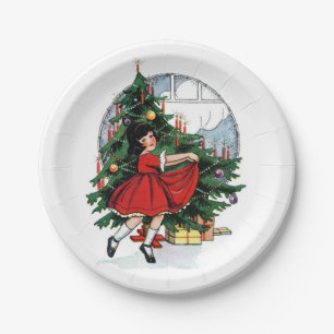 Christmas Girl Vintage Illustration Paper Plate