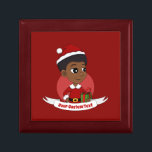 Christmas girl with an Afro cartoon Gift Box<br><div class="desc">A gift box with an illustration of a cute smiling African American girl with an Afro hairstyle, the girl is wearing a Santa Clause costume with a red hat and holding a present; in a red circle on a red background, with an editable text template for your name or message...</div>