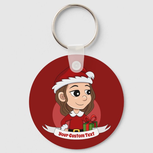 Christmas girl with brown wavy hair keychain (Front)