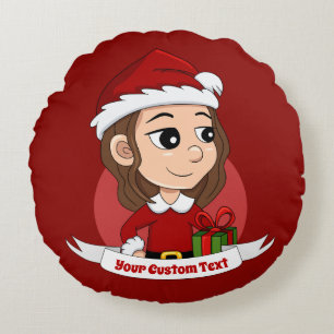 Christmas girl with brown wavy hair round pillow
