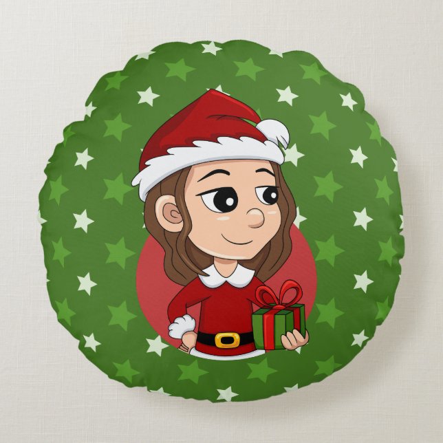 Christmas girl with brown wavy hair round pillow (Front)
