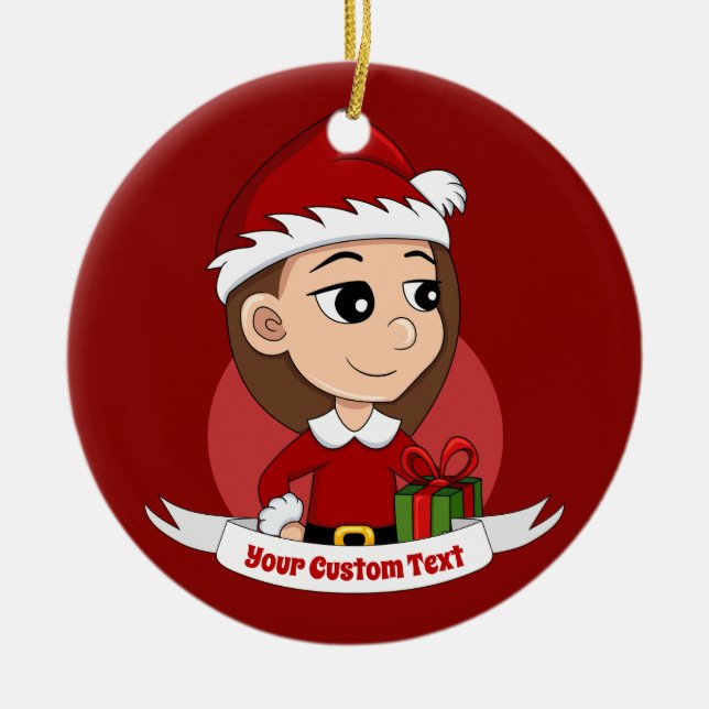 Christmas girl with long brown hair ceramic ornament (Front)