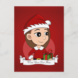 Christmas girl with long brown hair holiday postcard