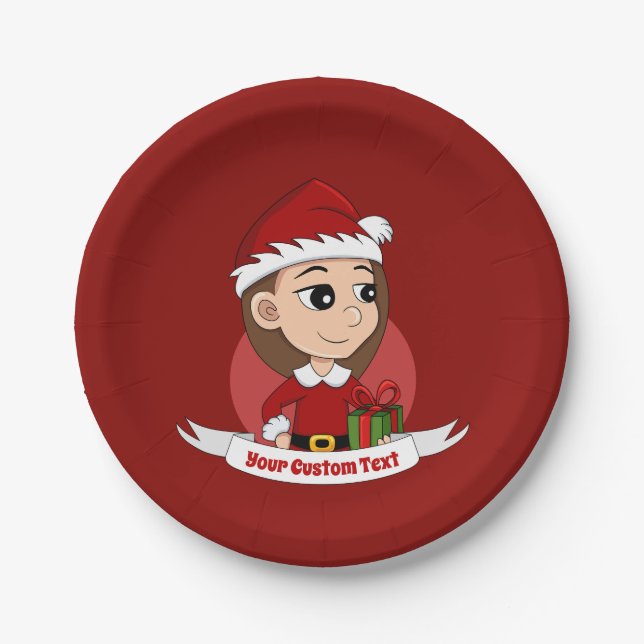 Christmas girl with long brown hair paper plate (Front)