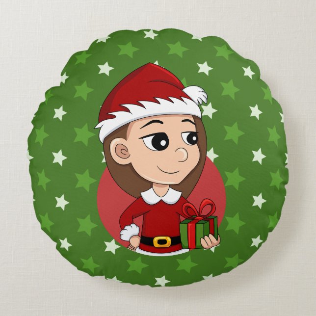 Christmas girl with long brown hair round pillow (Front)